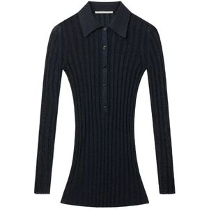 Stella McCartney, Tops, Dames, Blauw, S, Polyester, Blauwe Ribgebreide Polokraag T-shirts en Polos