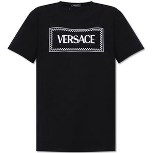 Versace, Tops, Dames, Zwart, S, Katoen, T-shirt met logo