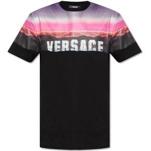 Versace, Tops, Heren, Zwart, XL, Katoen, Bedrukt T-shirt