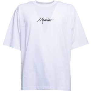 Moschino, Tops, Heren, Wit, M, Katoen, Witte T-shirt met Zwarte Logo Borduursel