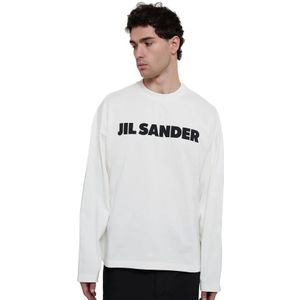 Jil Sander, Katoenen Crewneck Sweatshirt met Contrasterend Logo Wit, Heren, Maat:S