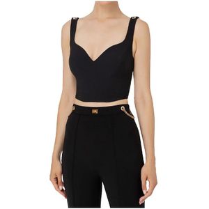 Elisabetta Franchi, Tops, Dames, Zwart, M, Polyester, Zwarte Stretch Crepe Top met Logo Detail