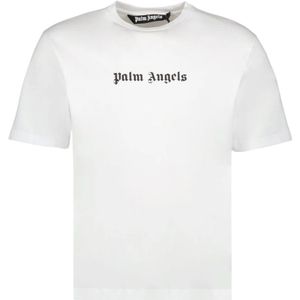 Palm Angels, Tops, Heren, Wit, L, Katoen, Logo Print Ronde Hals T-shirt