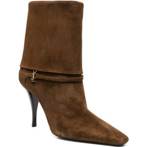 Saint Laurent, Schoenen, Dames, Bruin, 39 1/2 EU, Leer, Bruine Leren Enkellaarzen Cassandre Stijl