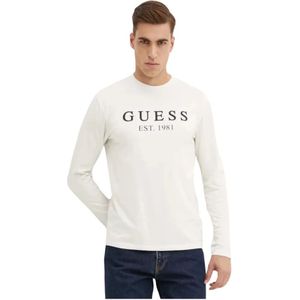 Guess, Tops, Heren, Wit, XL, Katoen, Logo Print T-Shirt - Wit Stretch