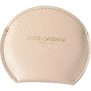 Dolce & Gabbana, Tassen, Dames, Beige, ONE Size, Leer, Beige Leren Ronde Logo Handspiegelhouder
