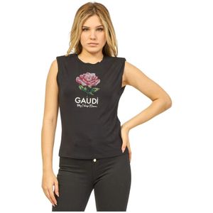 Gaudi, Tops, Dames, Zwart, L, Zwart Stretch Jersey T-shirt met Strass Bloem