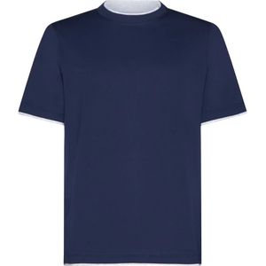 Brunello Cucinelli, Tops, Heren, Blauw, L, Katoen, Blauwe Laagjes Crew Neck T-shirts