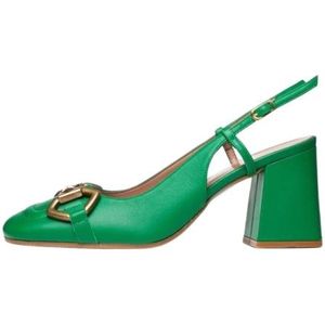 Poche Paris, Schoenen, Dames, Groen, 38 EU, Leer, Retro Groene Leren Sandalen met Blokhak