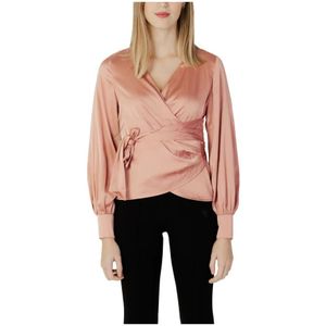 Guess, Blouses & Shirts, Dames, Roze, S, Polyester, Roze V-hals Blouse met Lange Mouwen en Kant Sluiting