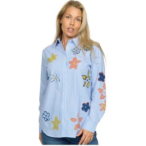 2-Biz, Blouses & Shirts, Dames, Blauw, 2Xl, Katoen, Bloemen Streep Shirt Dami. Ea 24