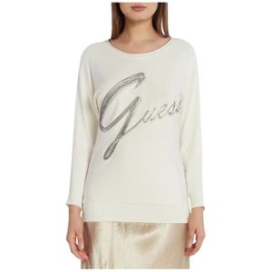 Guess, Sweatshirts & Hoodies, Dames, Wit, XS, Lichtgewicht trui met Strass Logo - Wit