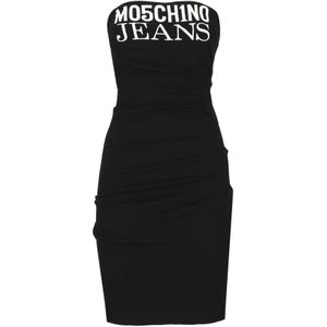 Moschino, Zwarte Jurken Rechte Hals Mouwloos Logo Zwart, Dames, Maat:M