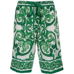 Dolce & Gabbana, Korte broeken, Heren, Groen, L, Groene Maiolica Look Zijden Shorts