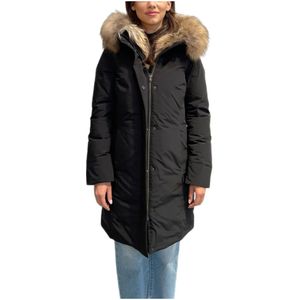 Woolrich, Jassen, Dames, Zwart, M, Polyester, Luxe Boulder Jas - Urban Touch Stof, Eendendons Vulling, Wasbeer Bont Capuchon