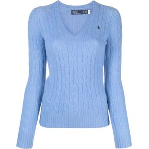 Ralph Lauren, Truien, Dames, Blauw, L, Wol, Dames V-hals Gebreide Trui met Polo Pony Motief