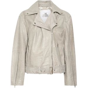 Karen by Simonsen, Flint Gray Biker Jas met Slangenhuid Detail Beige, Dames, Maat:S