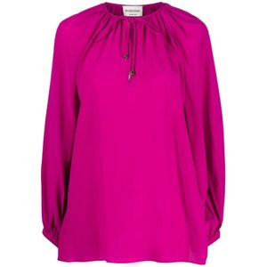 Phaeonia, Blouses & Shirts, Dames, Roze, S, Fuchsia Zijden Blouse met Zelfstrik