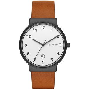 Skagen, Leren Horloge Donker Witte Wijzerplaat Bruin, Heren, Maat:ONE Size