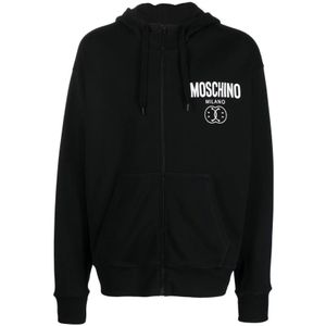 Moschino, Logo-bedrukte katoenen hoodie met rits Zwart, Heren, Maat:M