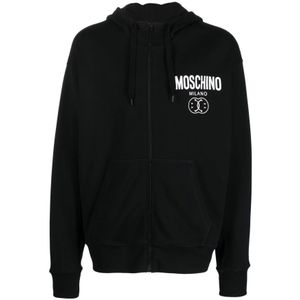 Moschino, Sweatshirts & Hoodies, Heren, Zwart, XL, Katoen, Logo-bedrukte katoenen hoodie met rits