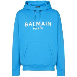 Balmain, Sweatshirts & Hoodies, Heren, Blauw, M, Katoen, Gedrukte Parijse hoodie