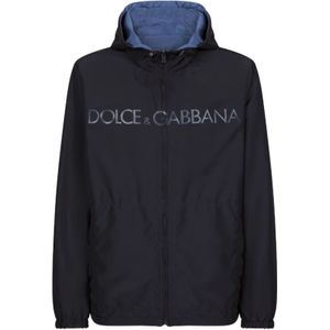 Dolce & Gabbana, Jassen, Heren, Blauw, L, Polyester, Omkeerbare Logo Print Parka
