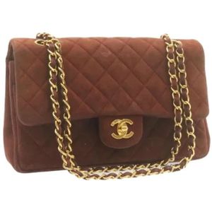 Chanel Vintage, Pre-owned, Dames, Bruin, ONE Size, Tweed, Tweedehands Bruine Su?de Chanel Flap Tas