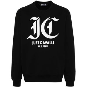 Just Cavalli, Sweatshirts & Hoodies, Heren, Zwart, L, Katoen, Zwarte Katoenen Fleece Sweaters