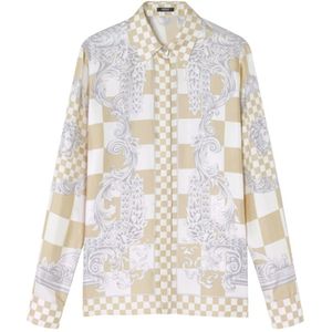Versace, Blouses & Shirts, Dames, Veelkleurig, M, Schakering Zijde Barok Print Shirt Beige