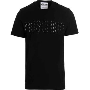 Moschino, Tops, Heren, Zwart, M, Katoen, Korte Mouw T-shirt met Strass Logo