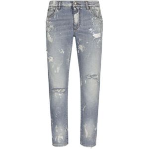Dolce & Gabbana, Jeans, Heren, Blauw, M, Denim, Vintage Denim Plaque Jeans Maat: 52, kleur: Blauw