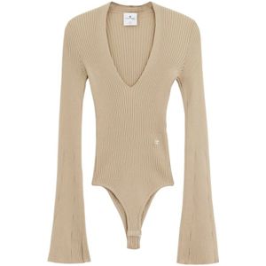 Courrèges, Tops, Dames, Beige, M, Geribbelde V-hals Body in viscose