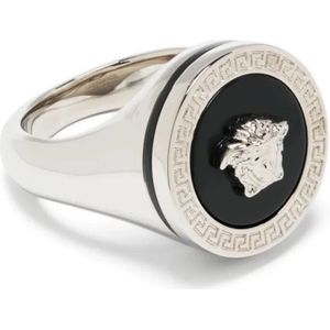 Versace, Accessoires, Heren, Veelkleurig, 56 MM, Palladium Zwarte Metalen Ring