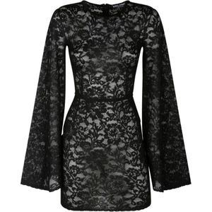 Dolce & Gabbana, Kleedjes, Dames, Zwart, S, Zwarte Kanten Mini Jurk met Wijd Uitlopende Mouwen