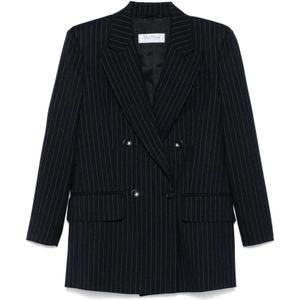 Max Mara, Jassen, Dames, Blauw, XS, Wol, Navy Blauwe Pinstripe Blazer