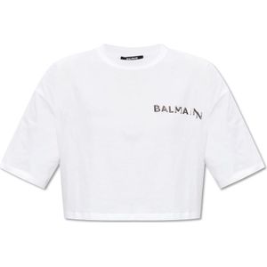 Balmain, Tops, Dames, Wit, M, Katoen, Geknipt T-shirt