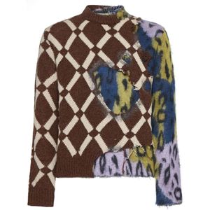 Marni, Truien, Heren, Veelkleurig, L, Wol, Kleur-Blok Sweater Diamant Luipaard Ontwerp