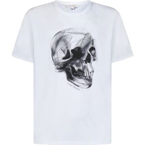 Alexander McQueen, Tops, Heren, Wit, S, Katoen, T-shirt met Dragonfly Skull print