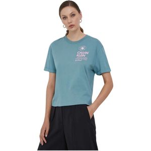 Calvin Klein, Tops, Dames, Blauw, L, Katoen, Biologisch Katoenen T-shirt - Bedrukt Logo