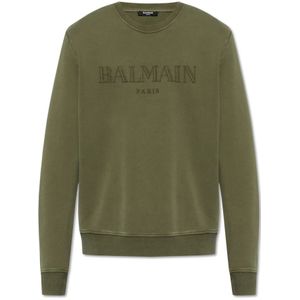 Balmain, Sweatshirts & Hoodies, Heren, Groen, L, Katoen, Sweatshirt met logo print