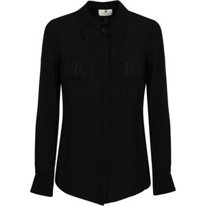 Elisabetta Franchi, Blouses & Shirts, Dames, Zwart, 2Xl, Zwarte Viscose Georgette Shirt Lange Mouw Knoopsluiting