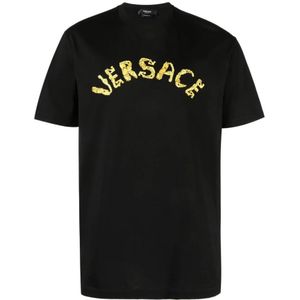 Versace, Tops, Heren, Zwart, L, Katoen, Zwarte T-shirts en Polos met Geborduurd Logo