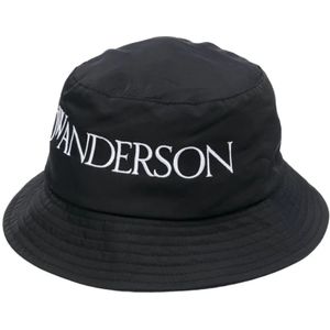 JW Anderson, Geborduurde Bucket Hat met Logo Zwart, Dames, Maat:S