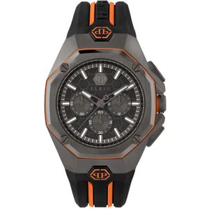 Philipp Plein, Octagon Grijze Horloge Zwart/Oranje Band Grijs, Heren, Maat:ONE Size