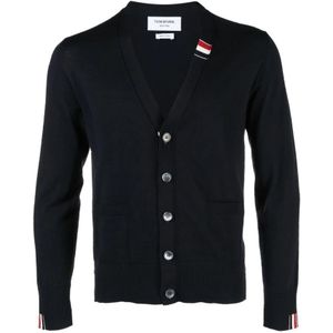 Thom Browne, Truien, Heren, Blauw, L, Wol, Blauwe V-hals Cardigan met RWB Streep