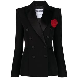 Moschino, Zwarte Blazer met Bloemenapplicatie van Wol Zwart, Dames, Maat:M