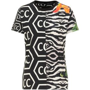 Carlo Colucci, Tops, Dames, Zwart, XS, Veelzijdig Damen T-Shirt met Tropische Artworks