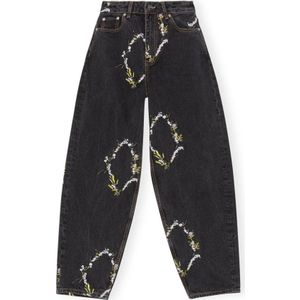 Ganni, Jeans, Dames, Zwart, W28, Katoen, Bloemen Ster-geborduurde Wide-Leg Jeans