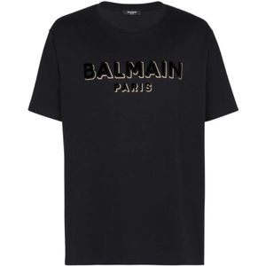 Balmain, Tops, Heren, Zwart, 2Xl, Katoen, Metallic Flocked T-shirt